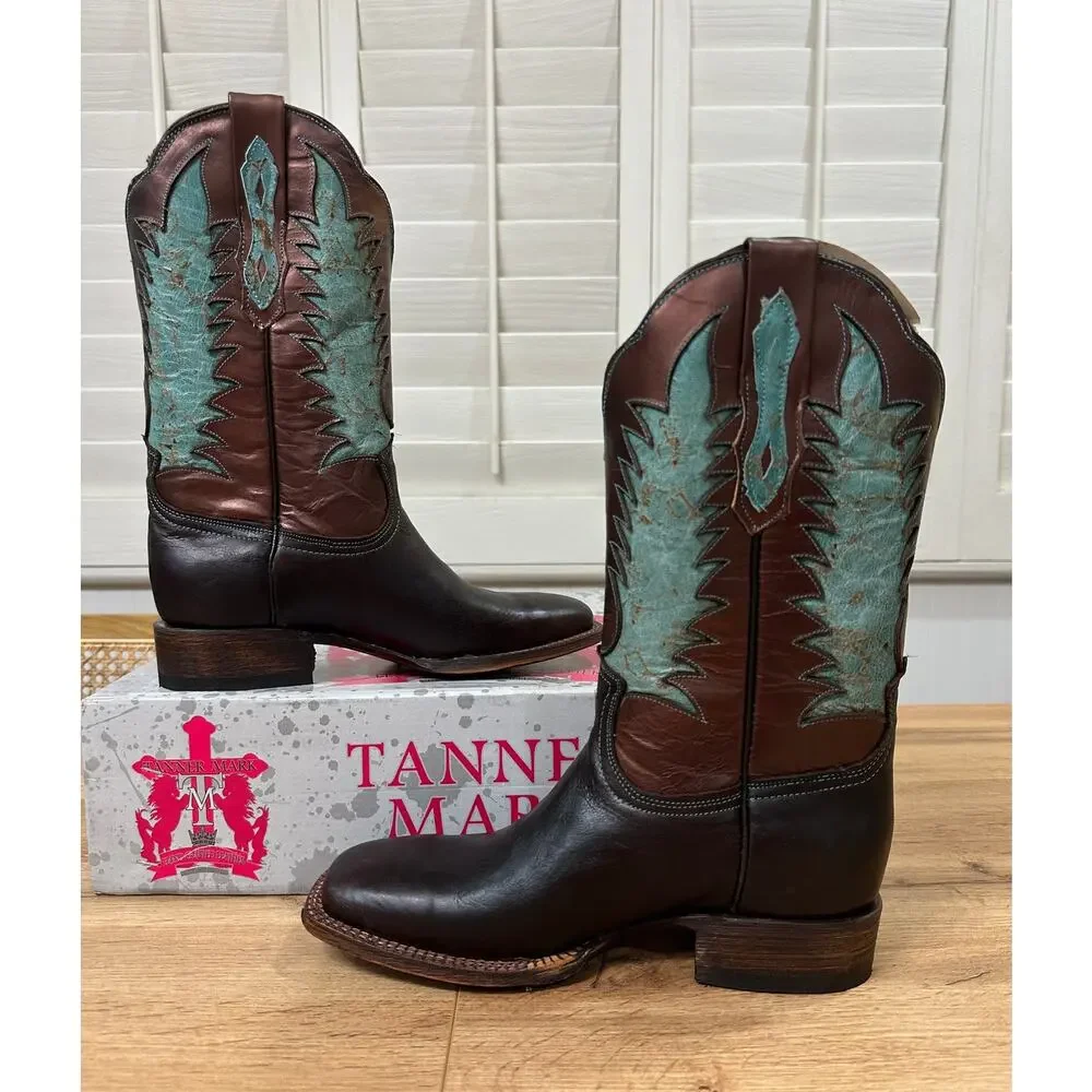 Tanner Mark Men's Cowboy Boots Brown Bronze Teal Leather Size 9 NIB Western